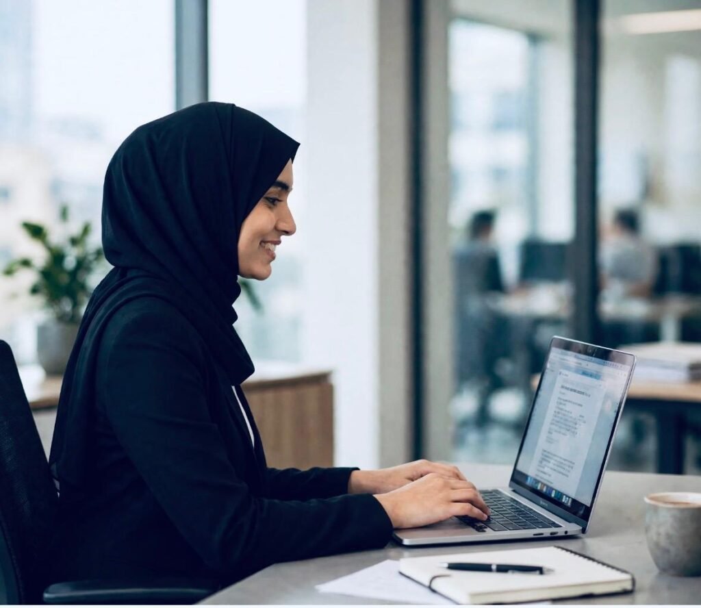 Nadiya Fahima, freelance digital marketer in Malappuram, working on a laptop in a professional workspace, focusing on digital marketing and online business growth.